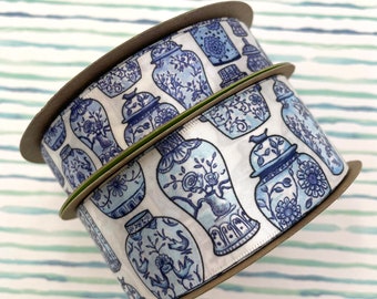 Ginger Jar ribbon in blue and white Ming style ideal for gift wrap, floral pieces interior decor,  printed on 7/8" and 1.5" white satin