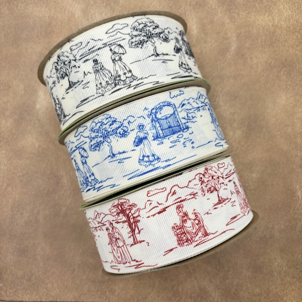 French Toile Ribbon in red, black and blue ideal for trimmings, hat bands, head bands and quilting printed on 1.5" antique white grosgrain