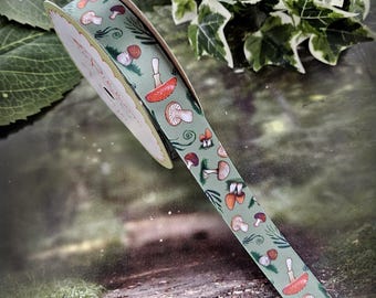 Mushroom ribbon mushrooms of many varieties on an earthy green background ideal for gifts, decor and crafts printed on 7/8" satin