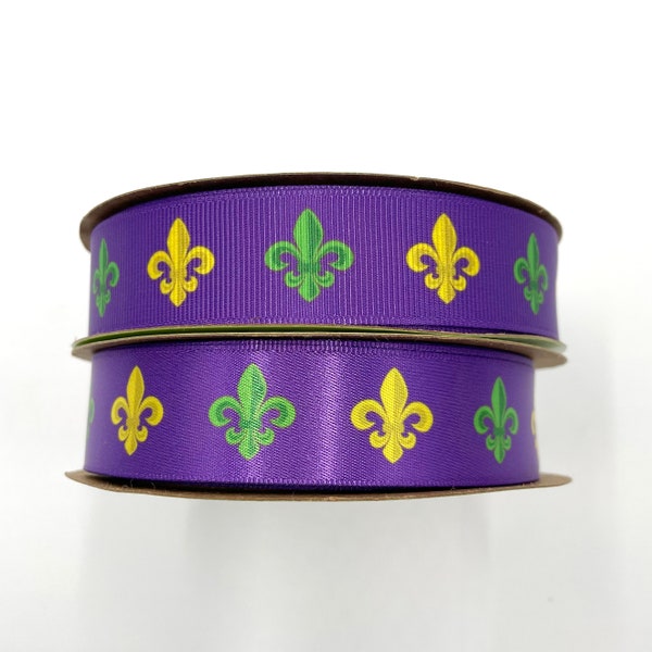 Mardi Gras ribbon with French fleur de lIs for gift wrap, gift baskets, favors, candy shops, quilting printed on 7/8" satin and grosgrain