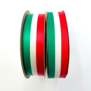 Italian Flag ribbon red, white, green  Christmas stripe for gift baskets,  gift wrap,  favors,  quilting printed on 7/8" satin and grosgrain