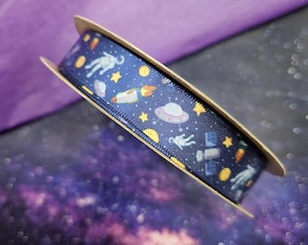 Astronaut Ribbon with stars, planets and rockets printed on 5/8" satin