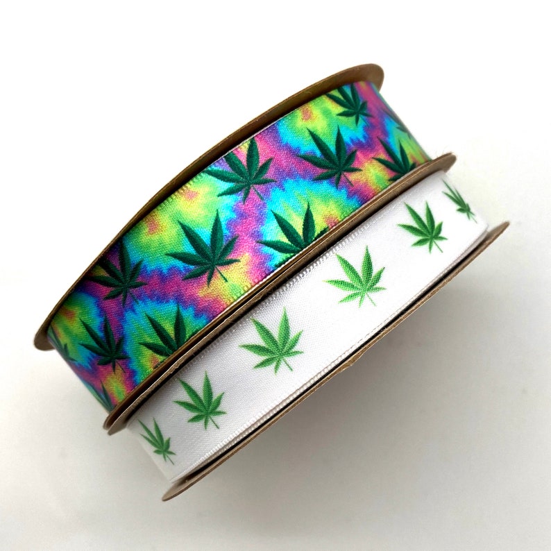 Weed ribbon tie dyed with Marijuana leaves ideal for gift wrap, CBD products, pet products, cookies, quilting printed on 7/8" white satin image 3