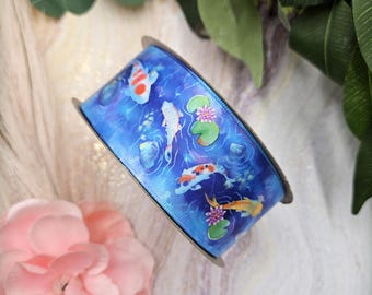 Koi Fish Ribbon colorful Carp fish for gift wrap, gift baskets and crafts printed on 1.5" white single face satin