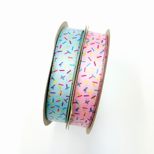 Sprinkles ribbon in pink or blue fun for Birthdays, gift wrap, party favors, cookies, cake pops, quilting, printed on 5/8" white satin