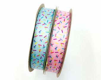 Sprinkles ribbon in pink or blue fun for Birthdays, gift wrap, party favors, cookies, cake pops, quilting, printed on 5/8" white satin