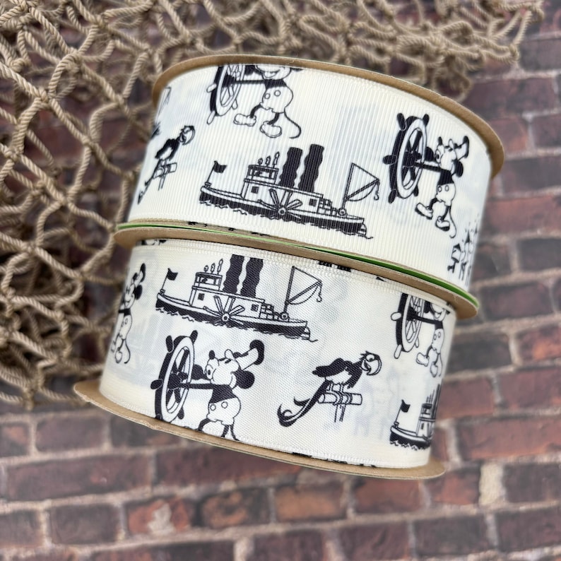 Steamboat Willie is the original Mickey! Steamboat Willie, his steamboat and parrot printed in black on 1.5" antique white satin and grosgrain ribbons are perfect for any vintage Mickey fan!