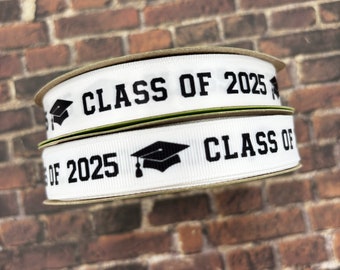 Class of 2025 Graduation Ribbon: White Satin & Grosgrain, Party Favor Ribbon