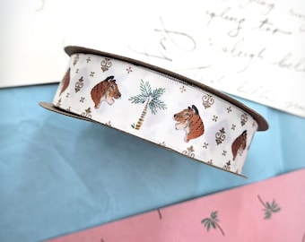 Tiger and Palm Tree ribbon for gift wrap, crafts and sewing printed on 7/8" white satin