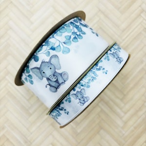Baby Elephant ribbon with eucalyptus for baby showers, baby reveal, gift wrap, party favors, quilting printed on 5/8" and 1.5" white satin