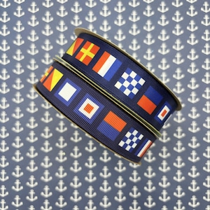 Nautical Flag ribbon for nautical parties, boating events, regattas, sailing, gift wrap, party decor, on 7/8" white satin and grosgrain
