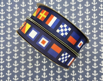 Nautical Flag ribbon for nautical parties, boating events, regattas, sailing, gift wrap, party decor, on 7/8&quot; white satin and grosgrain