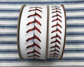 Baseball ribbon red stitches for gift wrap, cheer, hats, quilting, banquets, awards, party decor, printed on 7/8&quot; and 1.5&quot; white grosgrain