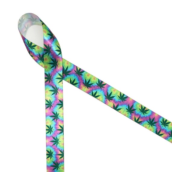 Weed ribbon tie dyed with Marijuana leaves ideal for gift wrap, CBD products, pet products, cookies, quilting printed on 7/8" white satin
