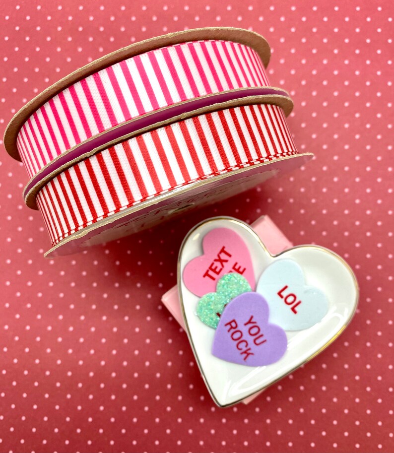 candy shops printed on 58 white satin sweets tables gift wrap Pinstripe ribbon in pink or red for Valentine/'s Day party favors cookies