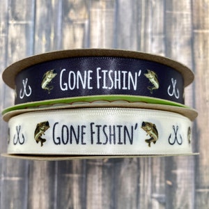 Gone Fishin' ribbon for Father's Day,  retirement party, party favors, quilts, crafts in black or cream  printed on 5/8" antique white satin