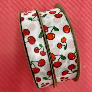 Cherry ribbon Red Cherries for crafts, hair bows, gift wrap, gift baskets, quilting, scrap books  printed on 7/8&quot; and 1.5&quot; white satin