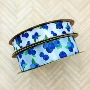 Blueberries ribbon  ideal for gift wrap, jam jars, ,party favors, wreaths, quilting, sweets table, printed on 5/8&quot; and 7/8&quot; light blue satin