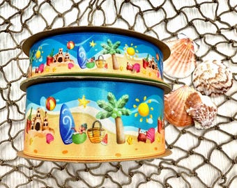 Beach Sandcastle Ribbon: Summer Party Decor, Gift Wrap (7/8" or 1.5")