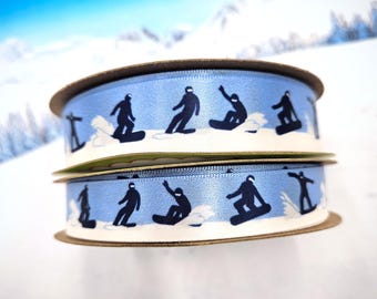 Snowboarding ribbon in black blue and white for Winter sports events, gift wrap, party favors printed on 5/8" and 7/8" white satin