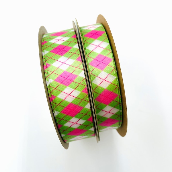 Argyle ribbon pink and green for ladies golf, party favors,  gift wrap, gift baskets, cookies, quilting printed on 5/8" and 7/8" white satin