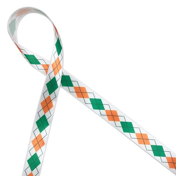 Irish Argyle ribbon for St Patrick's Day, gift wrap, party decor, wreaths, party favors, Irish gifts, bows,  printed on 5/8" white satin