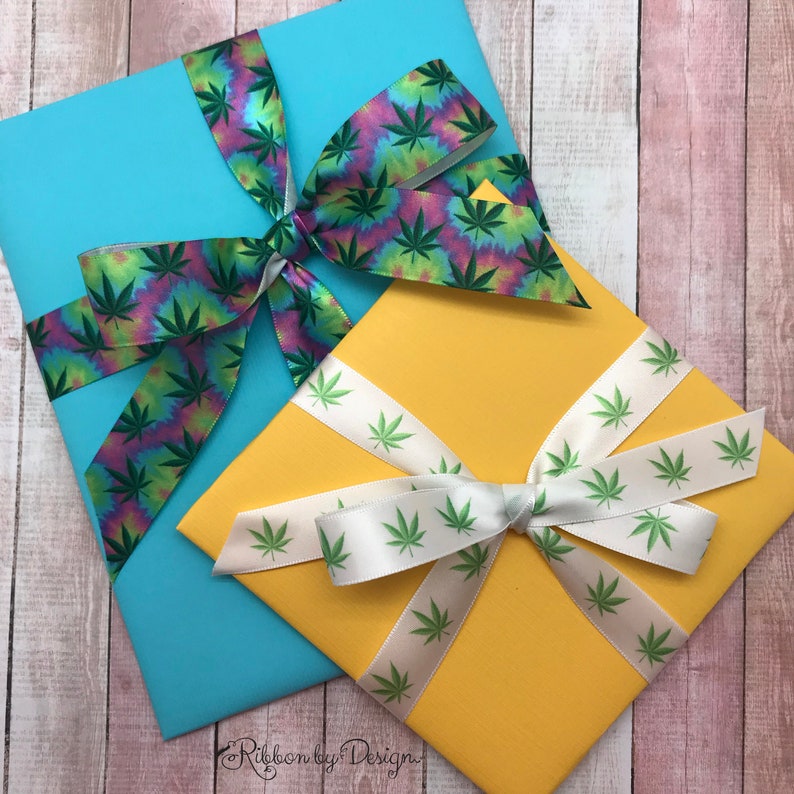 Weed ribbon tie dyed with Marijuana leaves ideal for gift wrap, CBD products, pet products, cookies, quilting printed on 7/8" white satin image 2