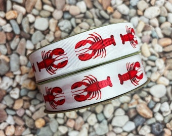 Lobster Ribbon: Red & White, Summer New England Style - 7/8" Satin/Grosgrain