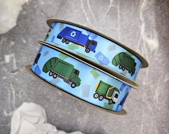 Garbage Trucks, Recycling vehicles and Sanitation dumper line up with trash bins printed on 5/8" and 7/8" white satin ribbon