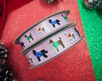 Dog Ribbon Poodles in Holiday sweaters with a pink background printed on 5/8" and 7/8"white  single face satin