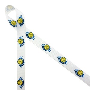 May include: White ribbon with a repeating pattern of yellow water polo balls with blue water splashes.