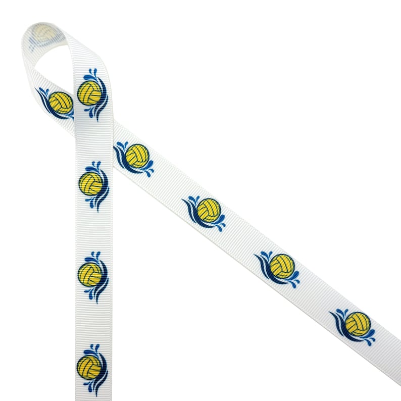 May include: White ribbon with a repeating pattern of yellow water polo balls with blue water splashes.