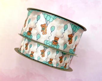 Teddy Bear Ribbon: Mint Balloons, Baby Shower Decor (7/8" and 1.5" Satin)