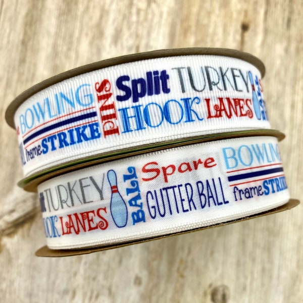 Bowling word block ribbon for birthday parties, favors, gifts, league, Father's Day  printed in blue and red on 7/8" grosgrain and satin