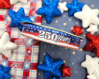 America 250 distressed flag design printed on 5/8" satin