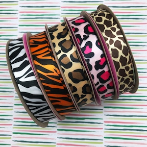 Animal Print Ribbons tiger, leopard, zebra and giraffe for gift wrap, party decor, party favors, sewing and quilting printed on 5/8" satin