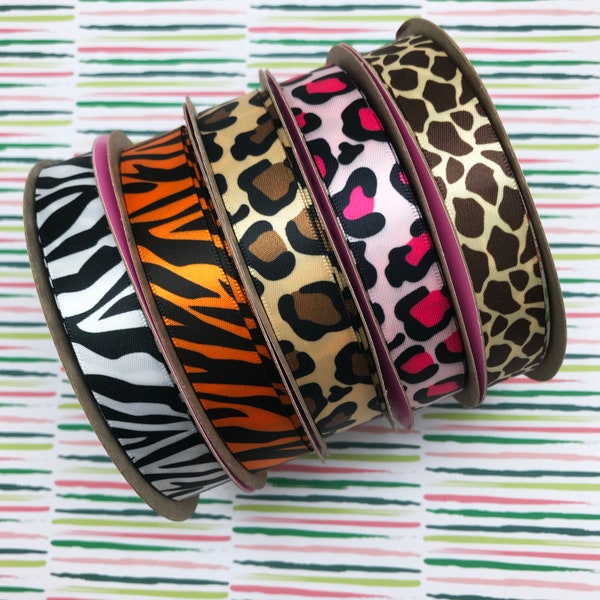 Animal Print Ribbons tiger, leopard, zebra and giraffe for gift wrap, party decor, party favors, sewing and quilting printed on 5/8" satin