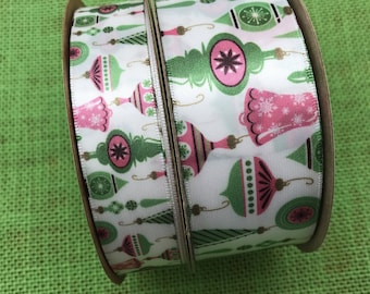 Vintage Christmas ornament ribbon in pastels for gift wrap, gift baskets, tree trim, quilting, decor, printed on 7/8&quot; and 1.5&quot; white satin