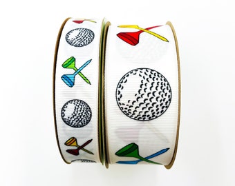 Golf ribbon with golf balls and tees for gift wrap, tournaments, party favors, decor,  quilting, printed on 7/8&quot; and 1.5&quot; white grosgrain