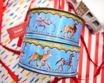 Carousel Ribbon with Darby Horses and circus animals printed on 1.5" satin and grosgrain