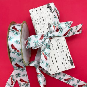 Cardinal Ribbon, Winter Berry Design, 7/8" White Satin