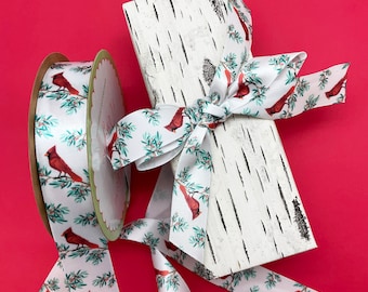 Cardinal Ribbon, Winter Berry Design, 7/8" White Satin