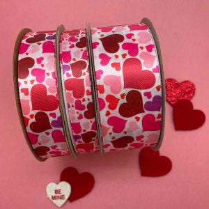 Valentine ribbon pink and red hearts, for candy shops, gift wrap, party favors, quilting, floral, printed on 5/8", 7/8" and 1.5" white satin