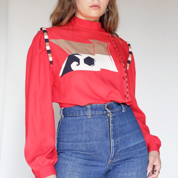 80's red silk blouse, Serge Nancel - size small, m