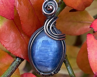 Kyanite Wire Wrapped with Oxidized Copper Necklace Handmade Mini Blue