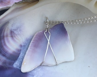 Wampum Style Organic Shaped Quahog Shell Sterling Silver Necklace OOAK One of a Kind Purple /& White