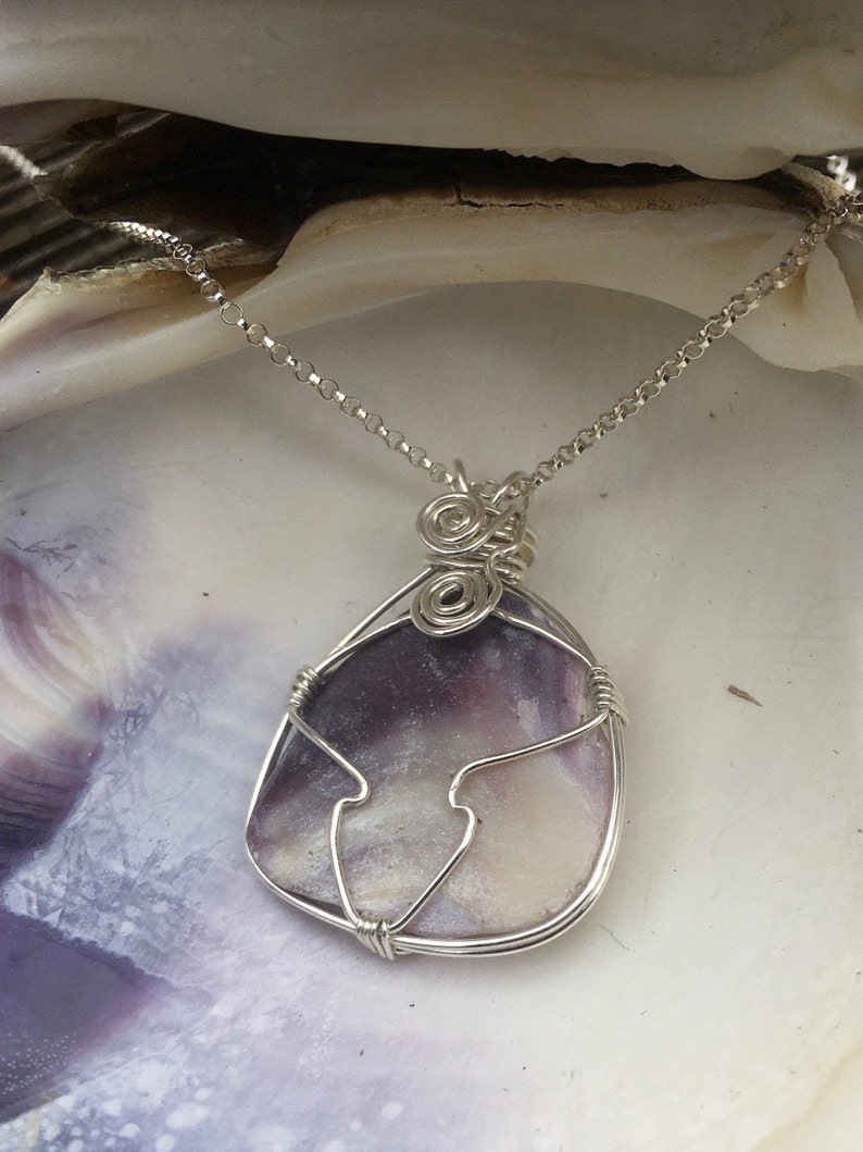 Wampum Style Organic Shaped Quahog Shell Sterling Silver Necklace OOAK One of a Kind Purple /& White