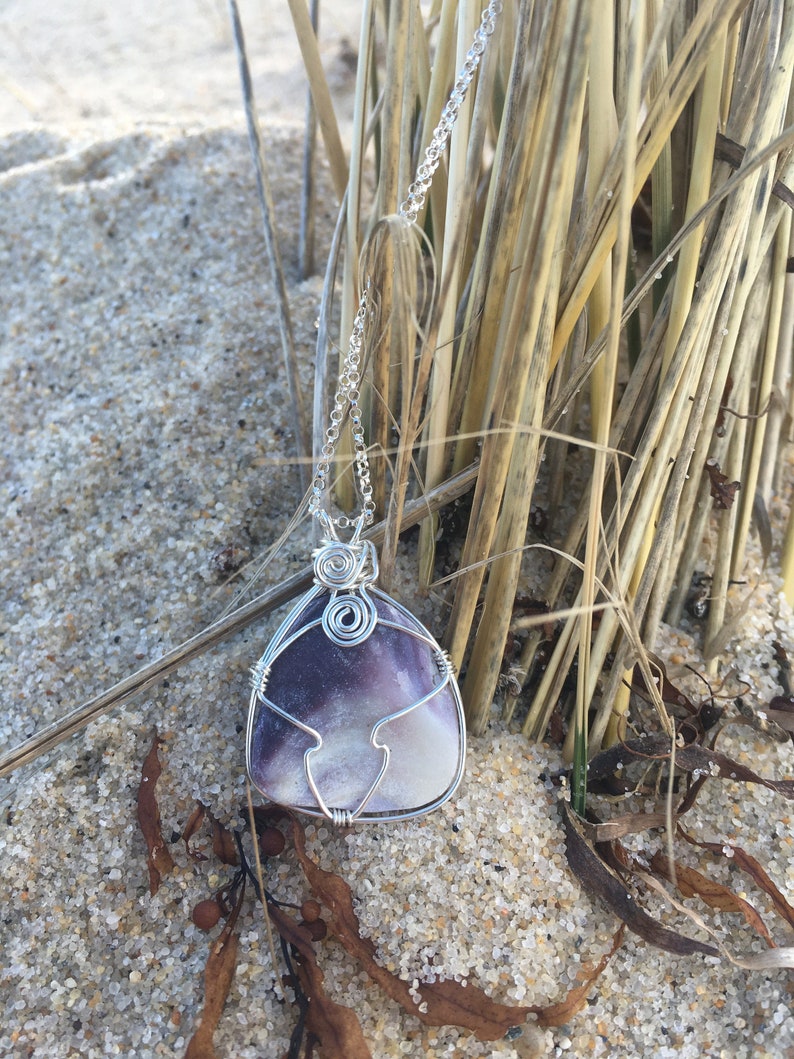 Wampum Style Organic Shaped Quahog Shell Sterling Silver Necklace OOAK One of a Kind Purple /& White
