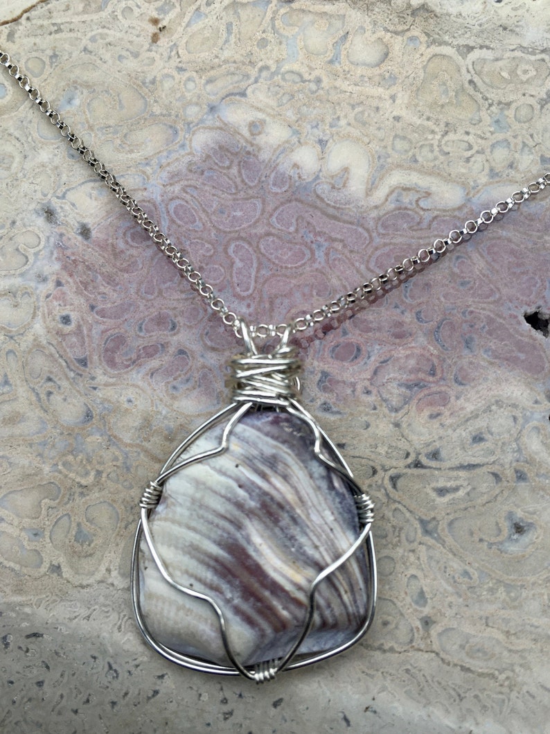 Wampum Style Organic Shaped Quahog Shell Sterling Silver Necklace OOAK One of a Kind Purple /& White