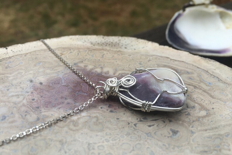 Wampum Style Organic Shaped Quahog Shell Sterling Silver Necklace OOAK One of a Kind Purple /& White